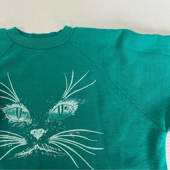 VTG 80’s 90’s Green Cat Face Sweatshirt Grandmacore Cat Lady Made in USA L - Picture 5 of 10